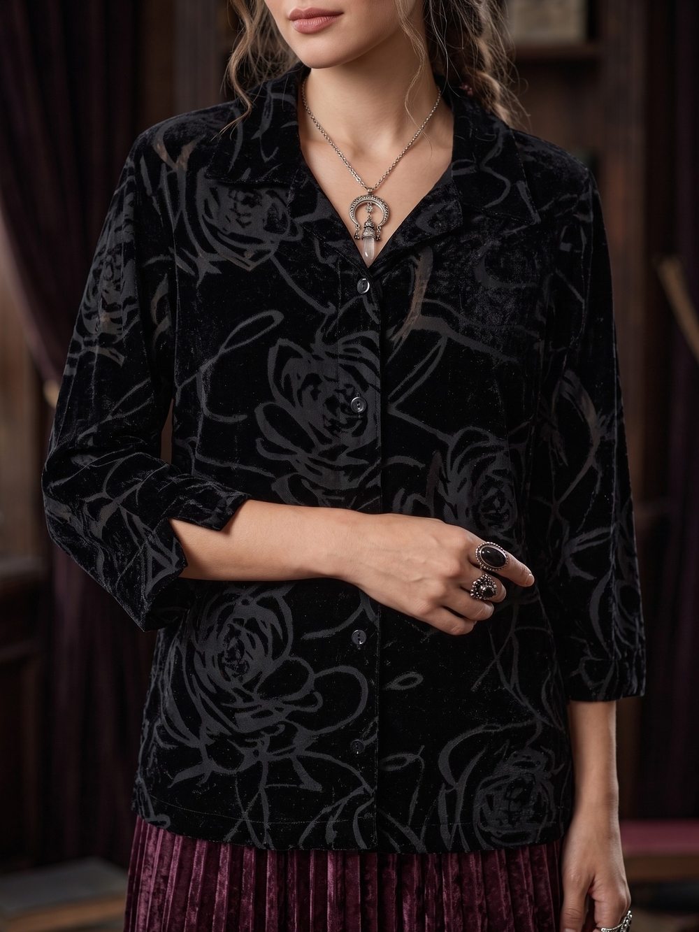Vintage Tanjay Burnout Velvet Floral Blouse Whimsigoth Dark Romance Button Up
